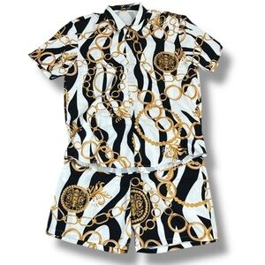 Shein Manfinity Chain Print Shirt & Short Set Men's XXL Equestrian Luxury Style
